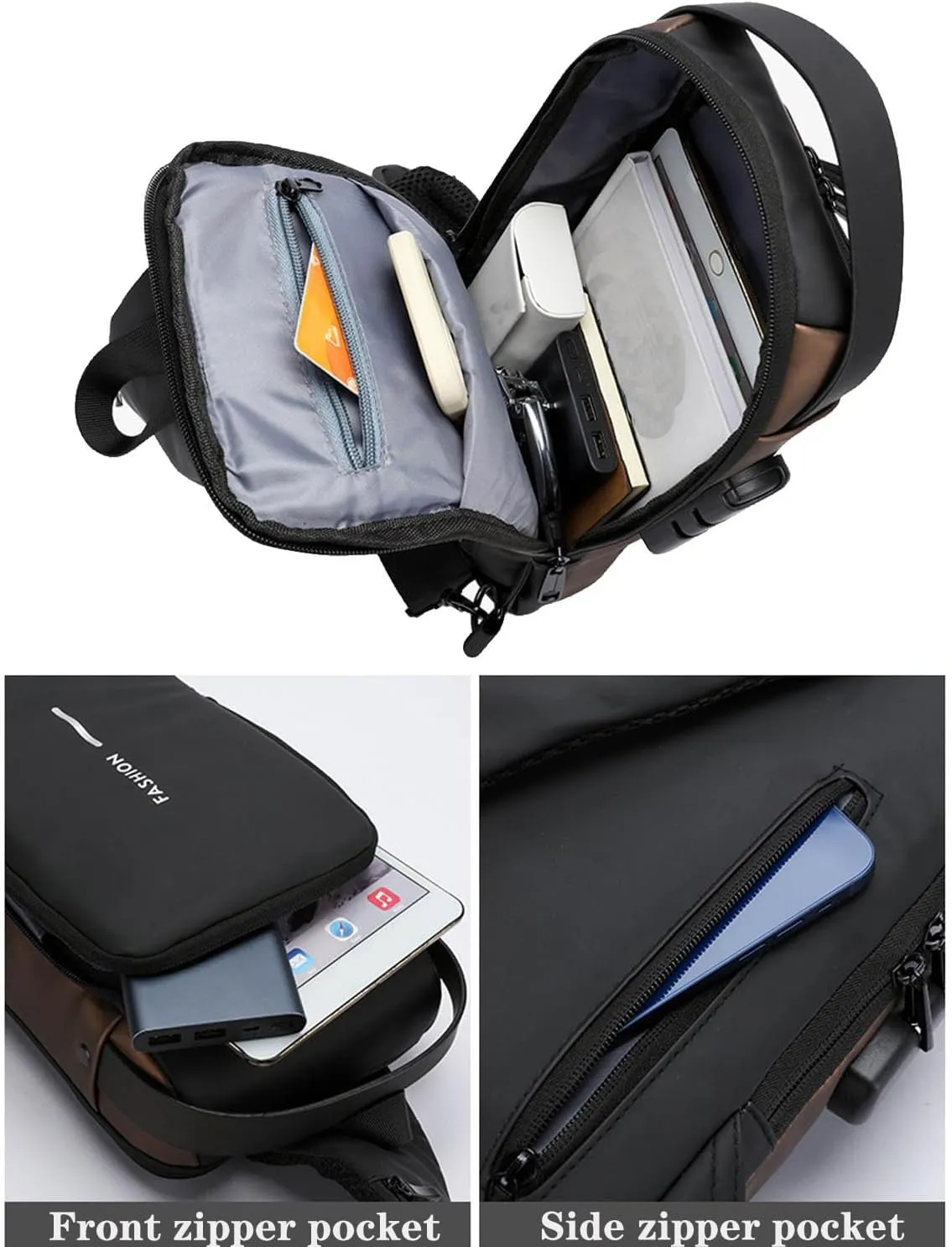 New Carbon Fiber Streamline Anti-Theft Sling Bag, USB Charging Waterproof Shoulder Backpack, for Daily Trips, Commutes, Sport (Black Brown-A)