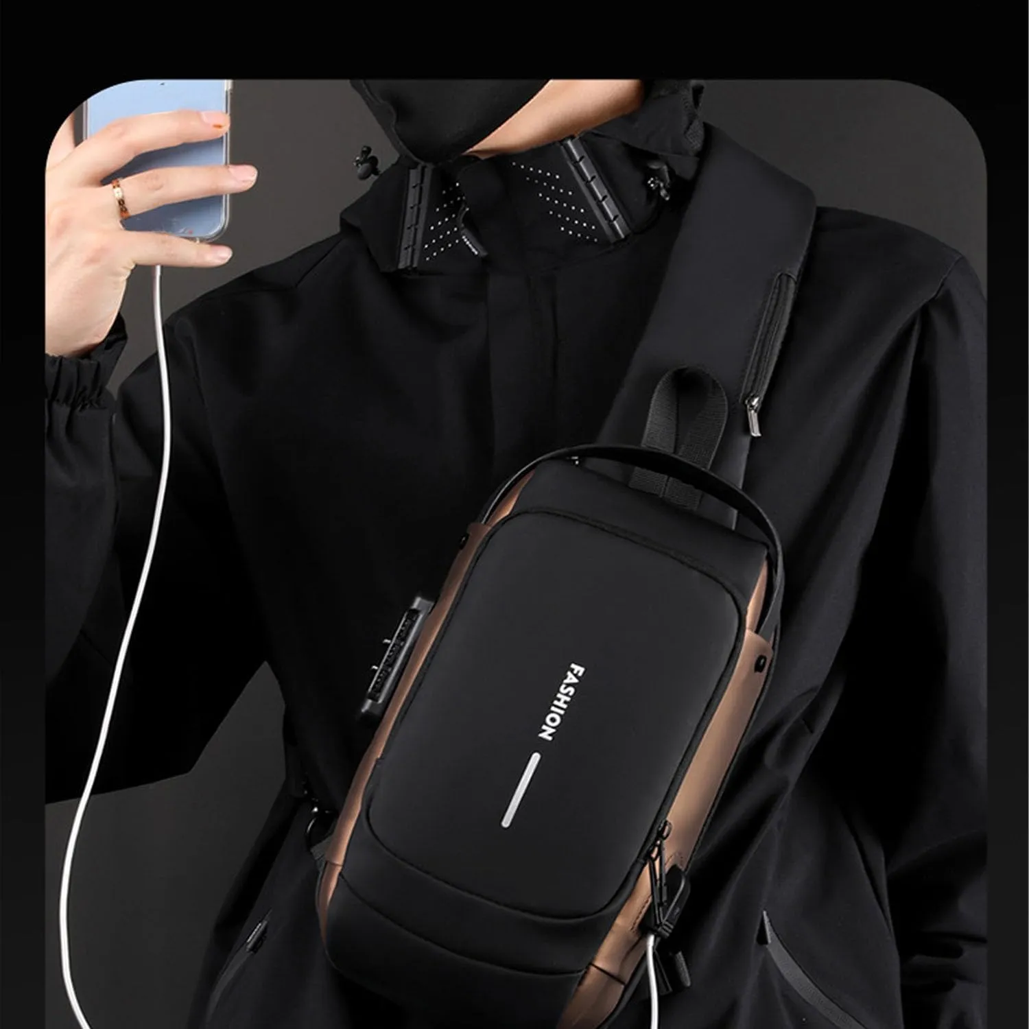 New Carbon Fiber Streamline Anti-Theft Sling Bag, USB Charging Waterproof Shoulder Backpack, for Daily Trips, Commutes, Sport (Black Brown-A)