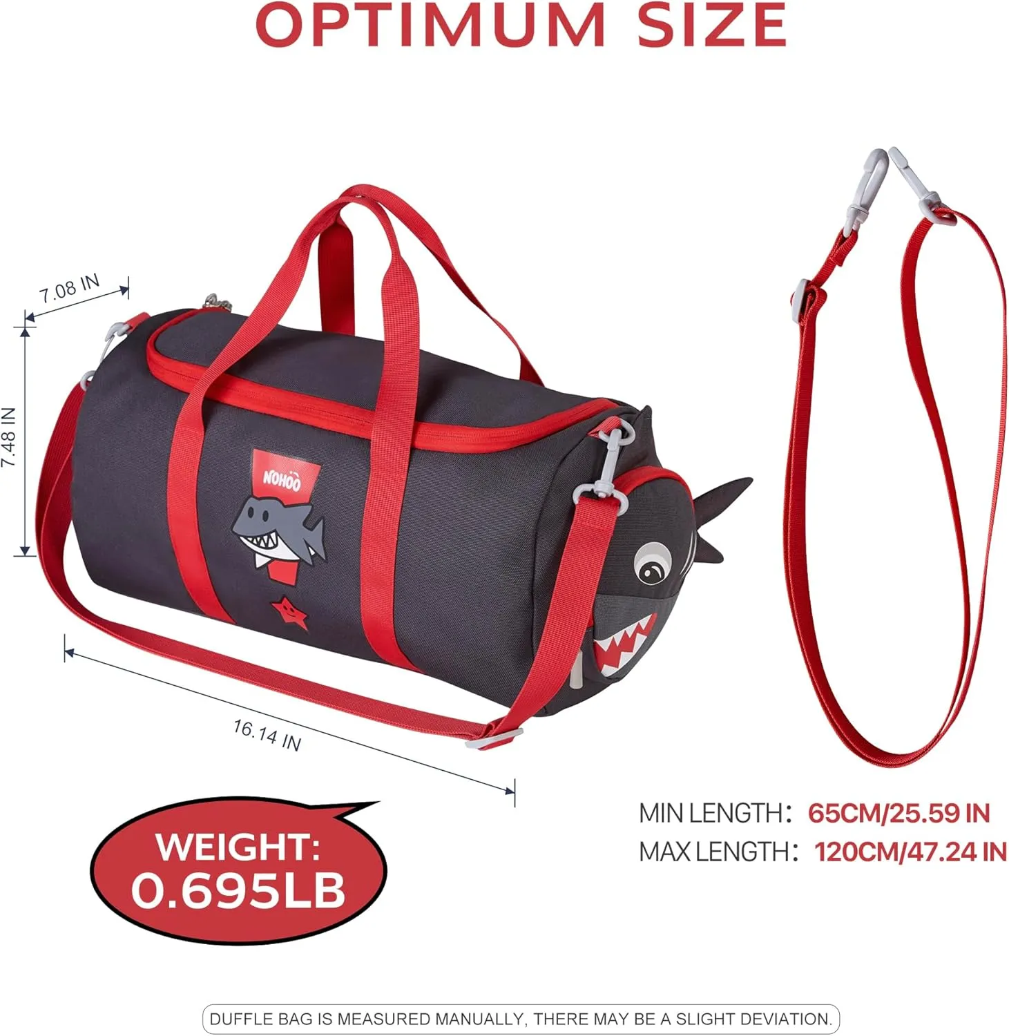 NOHOO Kids Small Duffle Bag, Girls Boys Travel Bag for School Practice or Overnight, Waterproof Duffel Bag for Sports Gym Travel Dance - Grey Shark