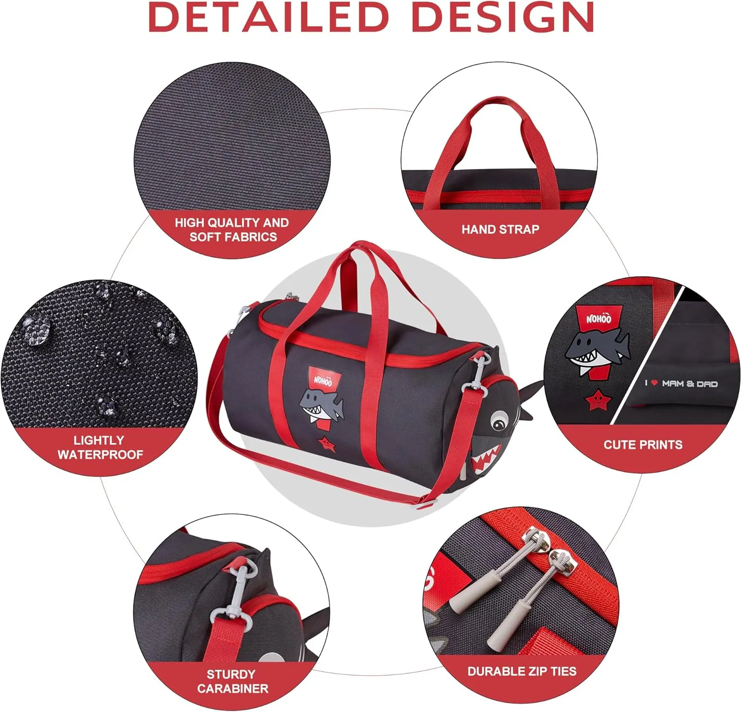 NOHOO Kids Small Duffle Bag, Girls Boys Travel Bag for School Practice or Overnight, Waterproof Duffel Bag for Sports Gym Travel Dance - Grey Shark