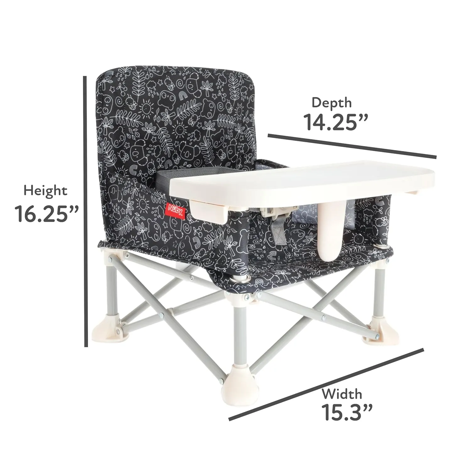 Nuby Easy Go Pop-Up Booster Seat with Removable Tray - 6  Months - Portable Booster Seat for Floor for Indoor/Outdoor Use - 3-Point Safety Adjustable Straps - Includes Travel Bag - Black and White