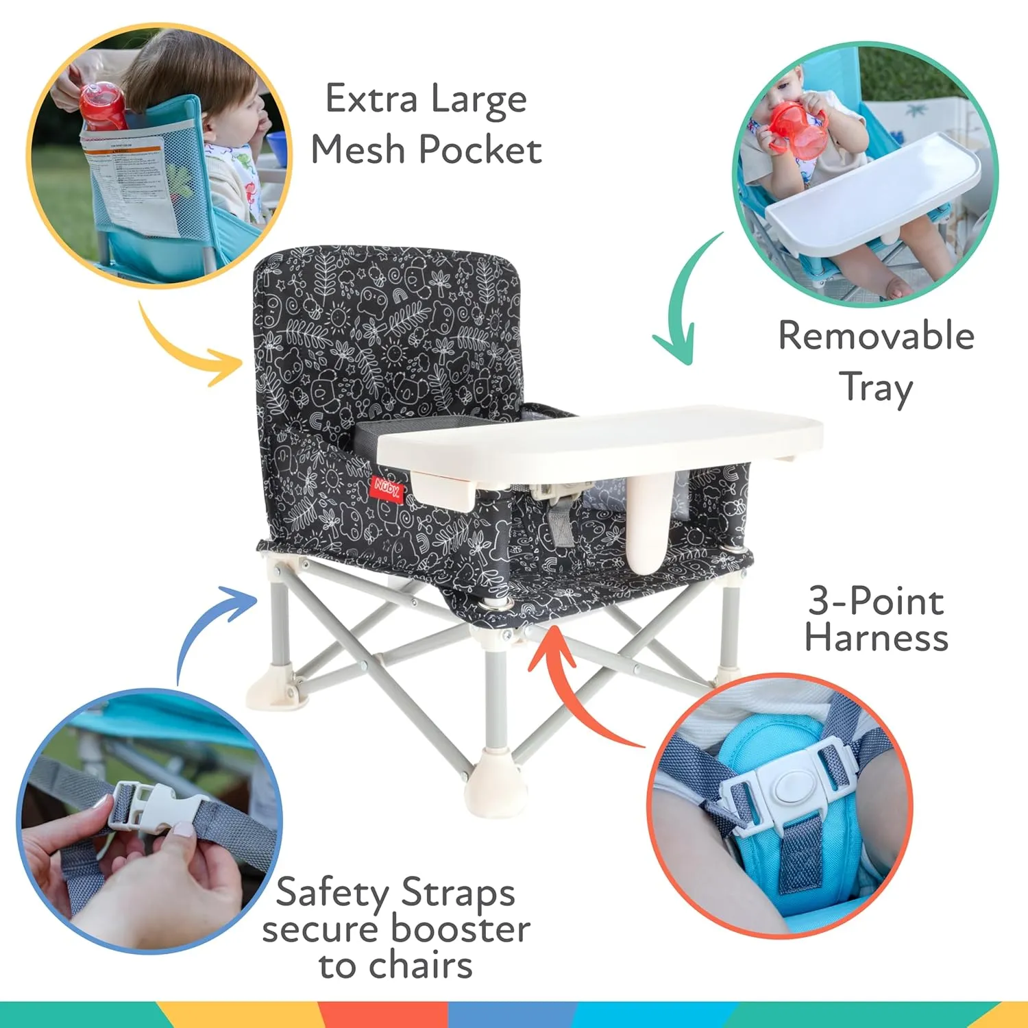 Nuby Easy Go Pop-Up Booster Seat with Removable Tray - 6  Months - Portable Booster Seat for Floor for Indoor/Outdoor Use - 3-Point Safety Adjustable Straps - Includes Travel Bag - Black and White