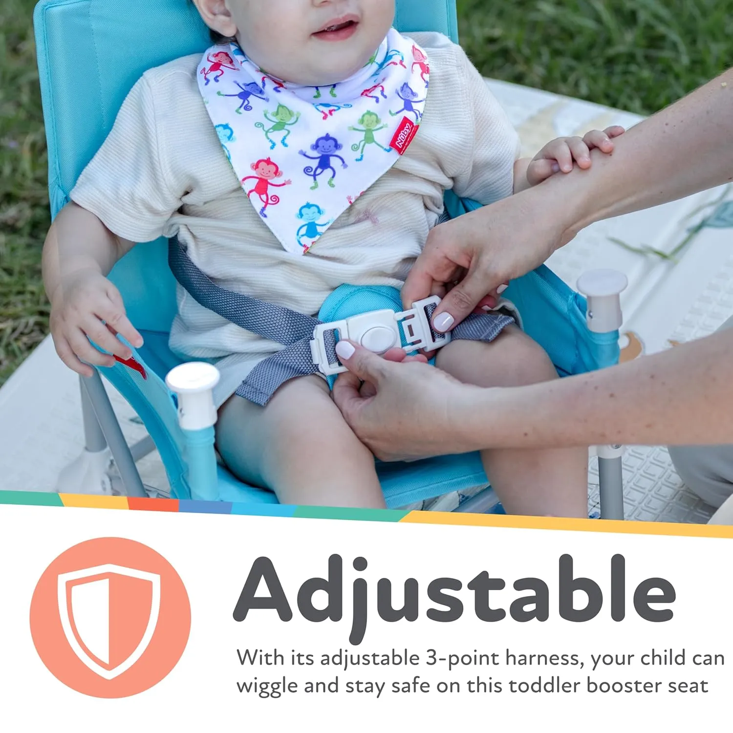 Nuby Easy Go Pop-Up Booster Seat with Removable Tray - 6  Months - Portable Booster Seat for Floor for Indoor/Outdoor Use - 3-Point Safety Adjustable Straps - Includes Travel Bag - Chevron