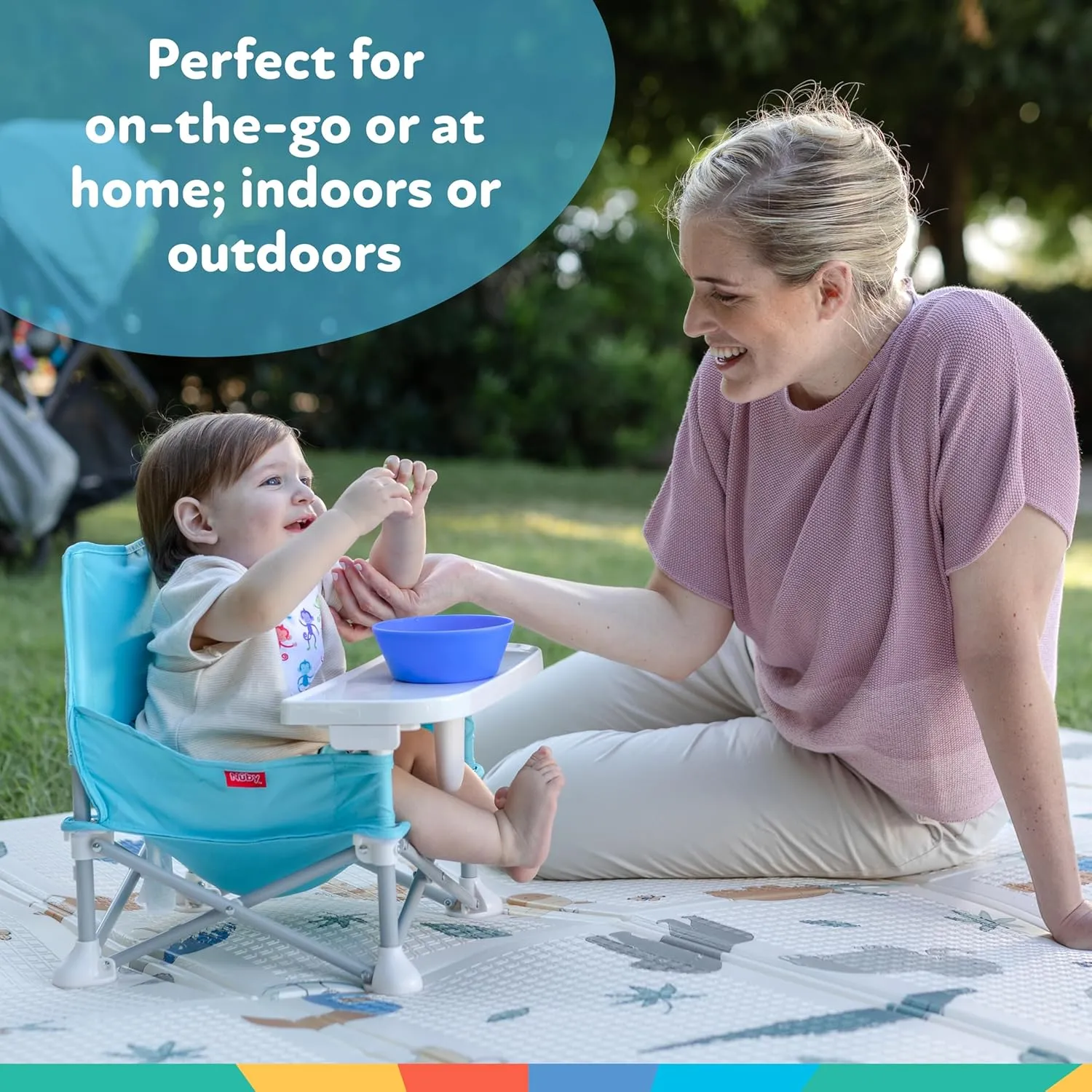Nuby Easy Go Pop-Up Booster Seat with Removable Tray - 6  Months - Portable Booster Seat for Floor for Indoor/Outdoor Use - 3-Point Safety Adjustable Straps - Includes Travel Bag - Chevron