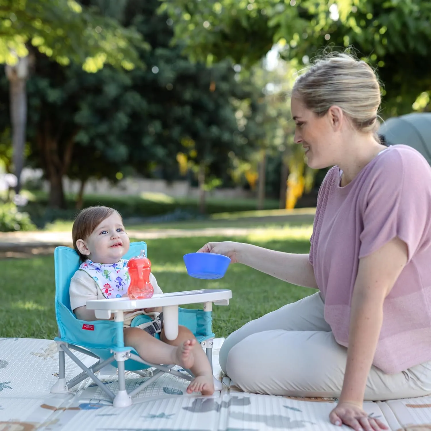 Nuby Easy Go Pop-Up Booster Seat with Removable Tray - 6  Months - Portable Booster Seat for Floor for Indoor/Outdoor Use - 3-Point Safety Adjustable Straps - Includes Travel Bag - Chevron