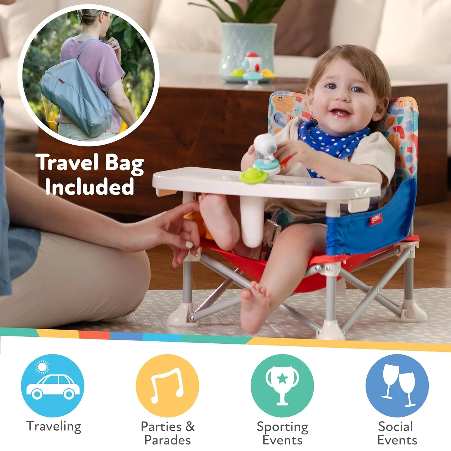 Nuby Easy Go Pop-Up Booster Seat with Removable Tray - 6  Months - Portable Booster Seat for Floor for Indoor/Outdoor Use - 3-Point Safety Adjustable Straps - Includes Travel Bag - Chevron
