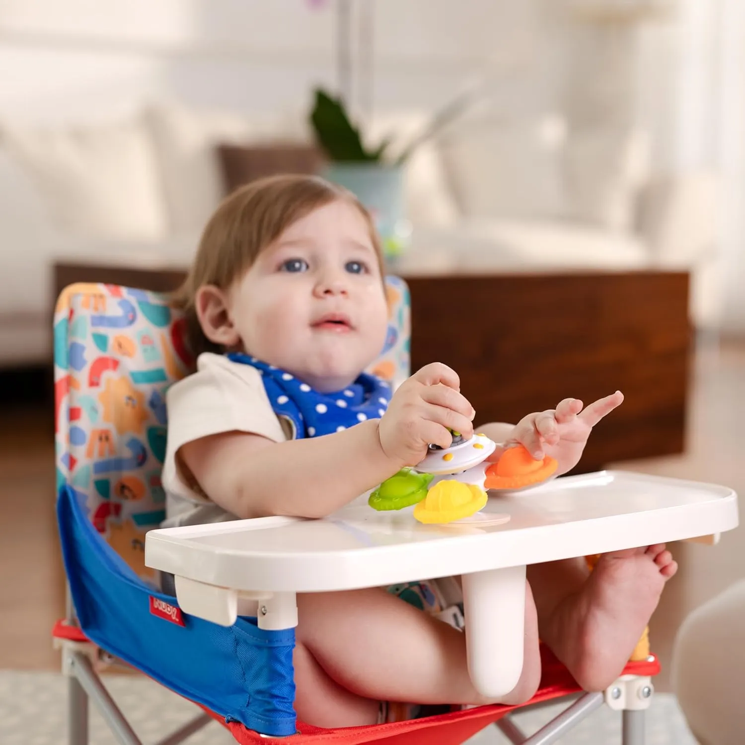 Nuby Easy Go Pop-Up Booster Seat with Removable Tray - 6  Months - Portable Booster Seat for Floor for Indoor/Outdoor Use - 3-Point Safety Adjustable Straps - Includes Travel Bag - Chevron