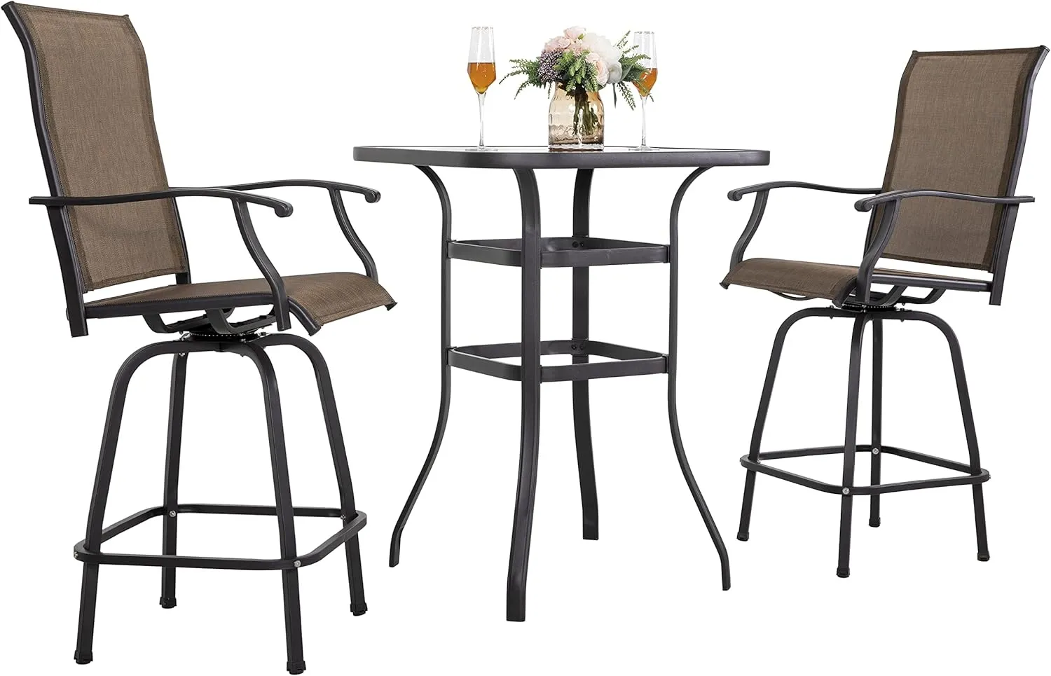 NUU GARDEN 3 Piece Patio Bar Set, All Weather Mental Textilene High Stools Set Outdoor Swivel Bar Chair Set of 2 and High Silk Screen Glass Bar Table, High Top Patio Set,Brown