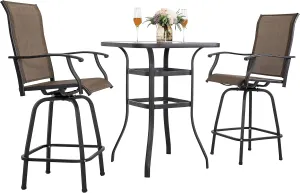 NUU GARDEN 3 Piece Patio Bar Set, All Weather Mental Textilene High Stools Set Outdoor Swivel Bar Chair Set of 2 and High Silk Screen Glass Bar Table, High Top Patio Set,Brown