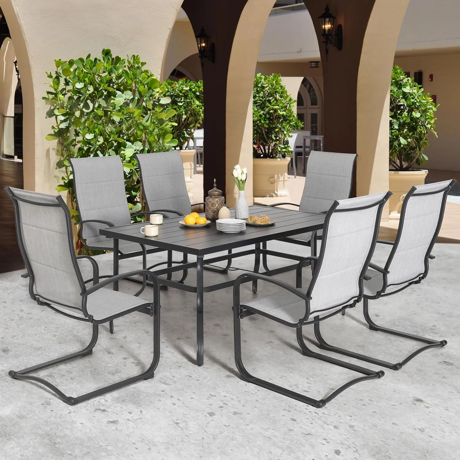 NUU GARDEN Patio Chairs Set of 4, All Weather Outdoor Padded Textilene Patio Dining Chairs, Breathable Spring Motion Textile High Back Outdoor Dining Chairs for Backyard, Lawn, Deck, Gray