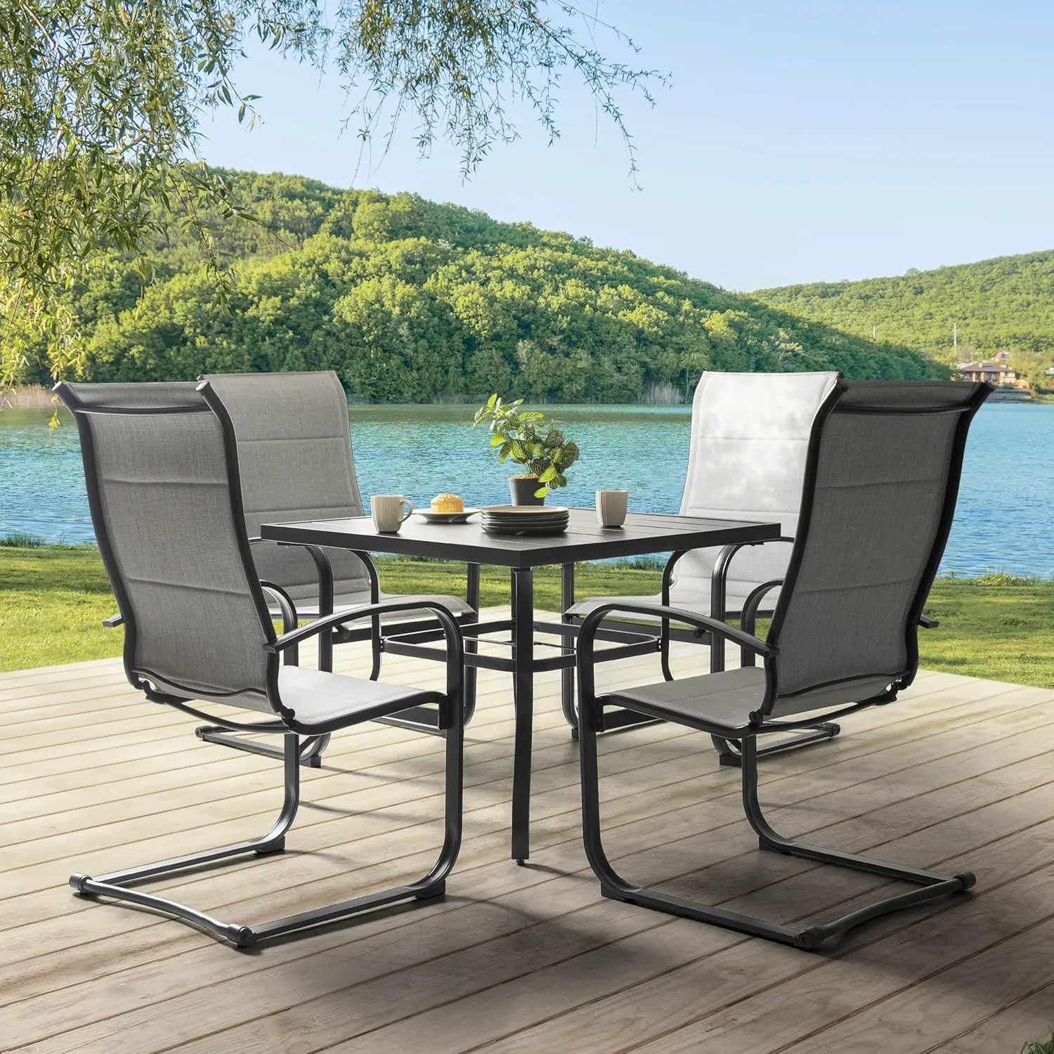 NUU GARDEN Patio Chairs Set of 4, All Weather Outdoor Padded Textilene Patio Dining Chairs, Breathable Spring Motion Textile High Back Outdoor Dining Chairs for Backyard, Lawn, Deck, Gray