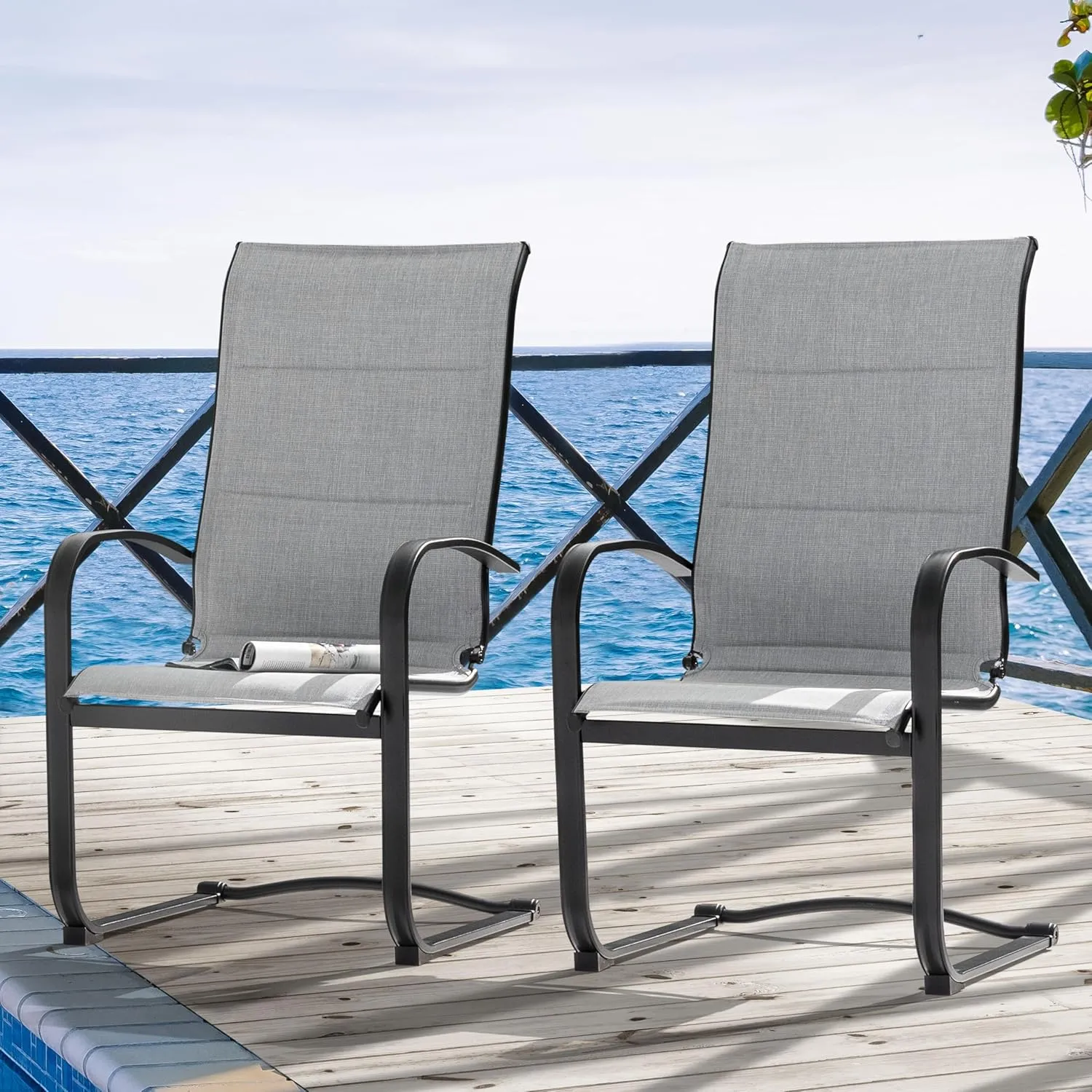 NUU GARDEN Patio Chairs Set of 4, All Weather Outdoor Padded Textilene Patio Dining Chairs, Breathable Spring Motion Textile High Back Outdoor Dining Chairs for Backyard, Lawn, Deck, Gray