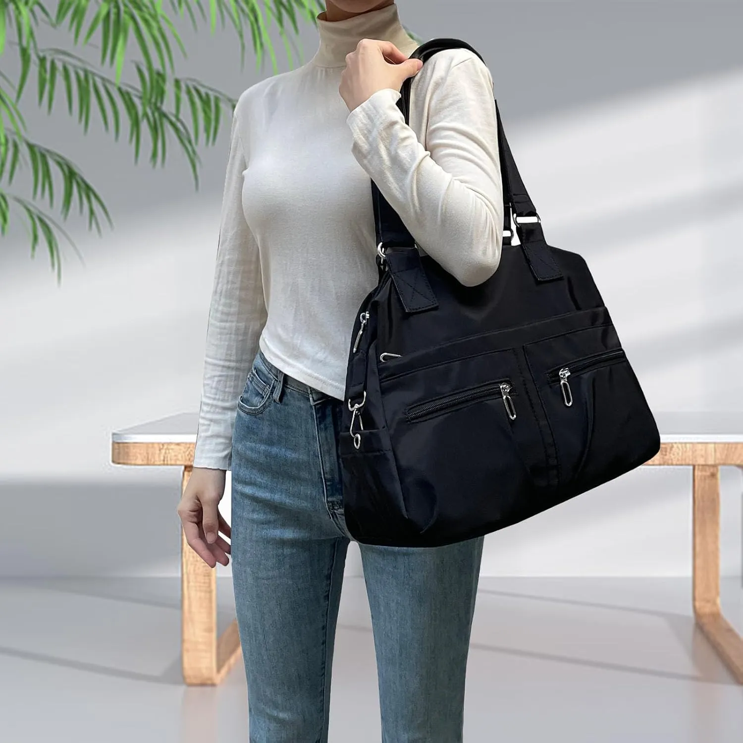 Nylon Tote Bag for Women Shoulder Tote Bag with Zipper Waterproof Nylon Purse and Handbags Lightweight Hobo Bag