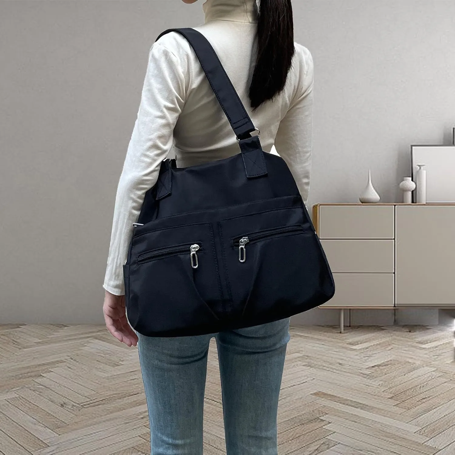 Nylon Tote Bag for Women Shoulder Tote Bag with Zipper Waterproof Nylon Purse and Handbags Lightweight Hobo Bag