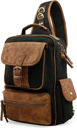 OCT17 Men Chest Shoulder Sling PU Leather Backpack Crossbody Canvas Messenger Outdoor Travel Daypack