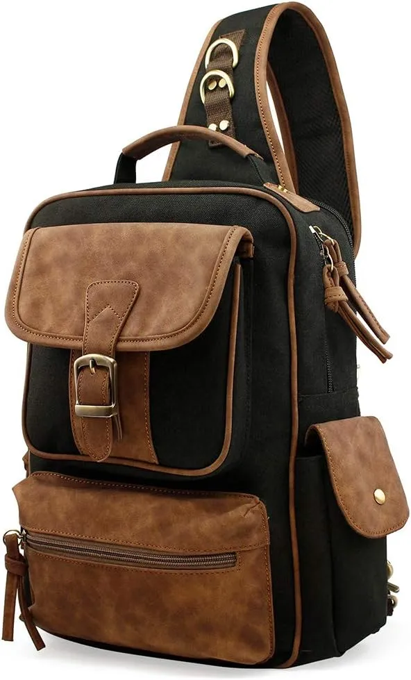 OCT17 Men Chest Shoulder Sling PU Leather Backpack Crossbody Canvas Messenger Outdoor Travel Daypack