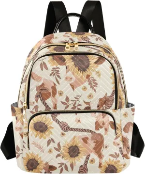 ODAWA Cows Sunflowers Beige Quilted Backpacks Women's Backpack Purse Anti Theft Travel Backpack