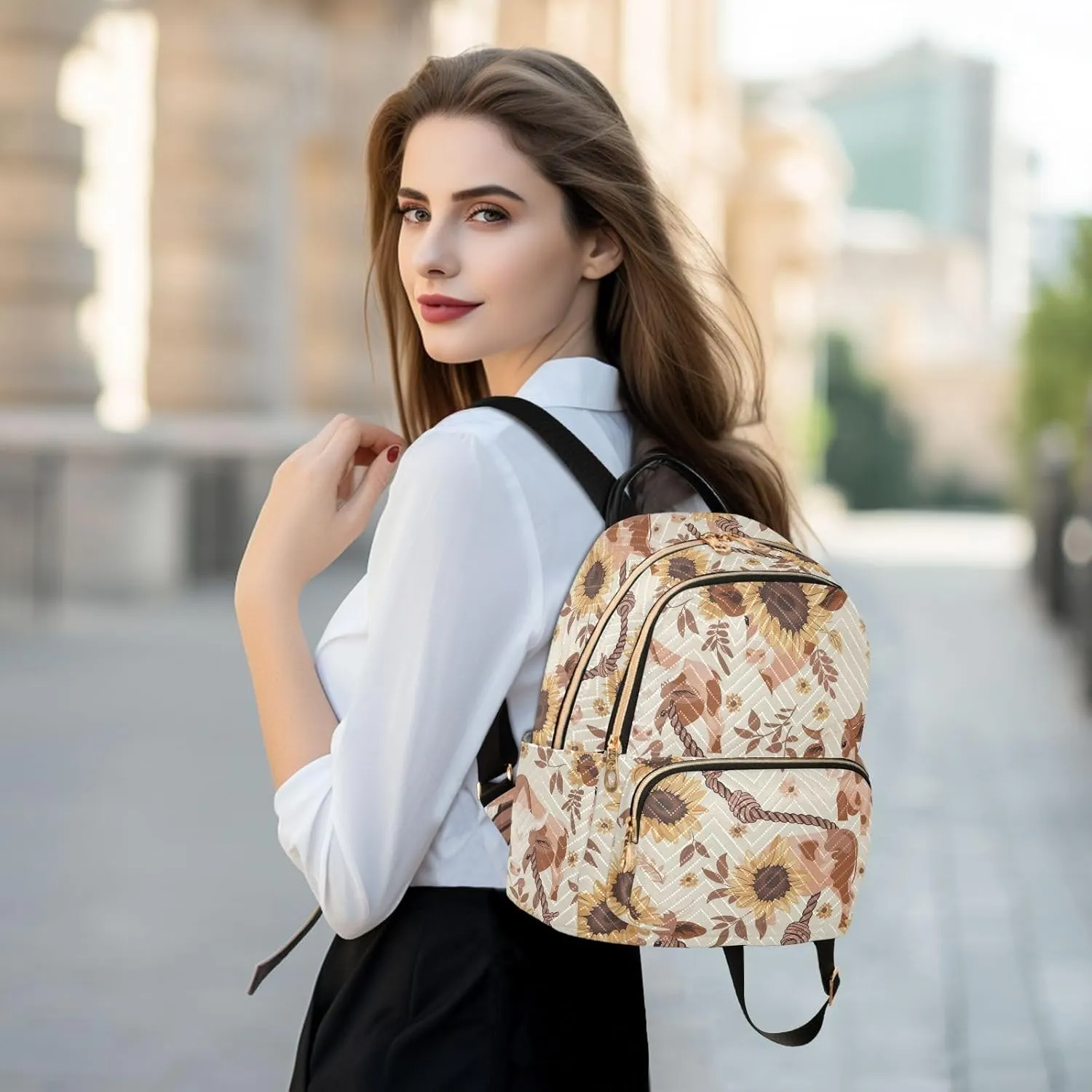 ODAWA Cows Sunflowers Beige Quilted Backpacks Women's Backpack Purse Anti Theft Travel Backpack