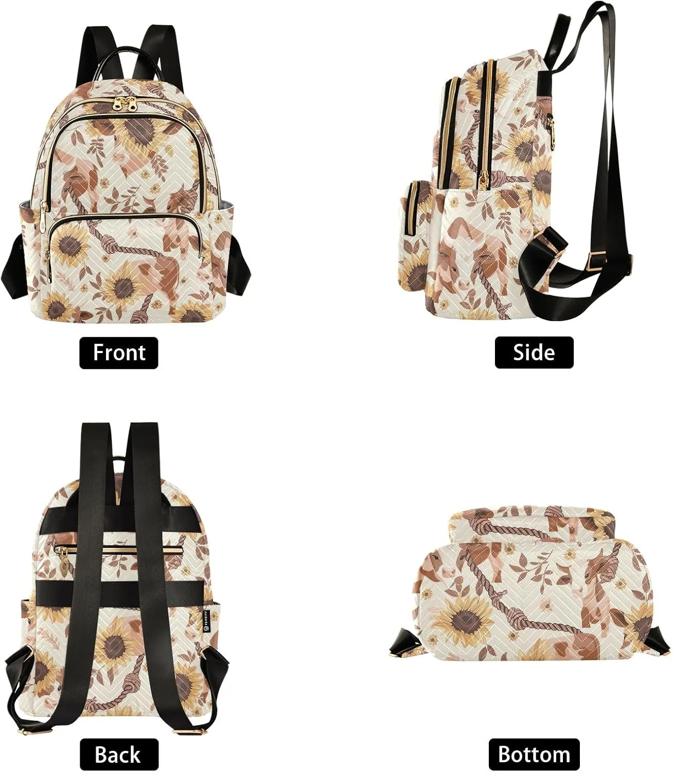 ODAWA Cows Sunflowers Beige Quilted Backpacks Women's Backpack Purse Anti Theft Travel Backpack