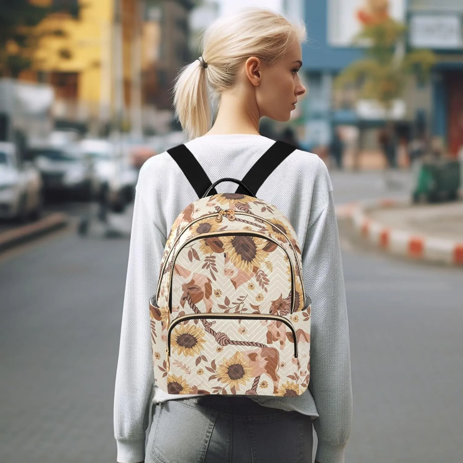 ODAWA Cows Sunflowers Beige Quilted Backpacks Women's Backpack Purse Anti Theft Travel Backpack
