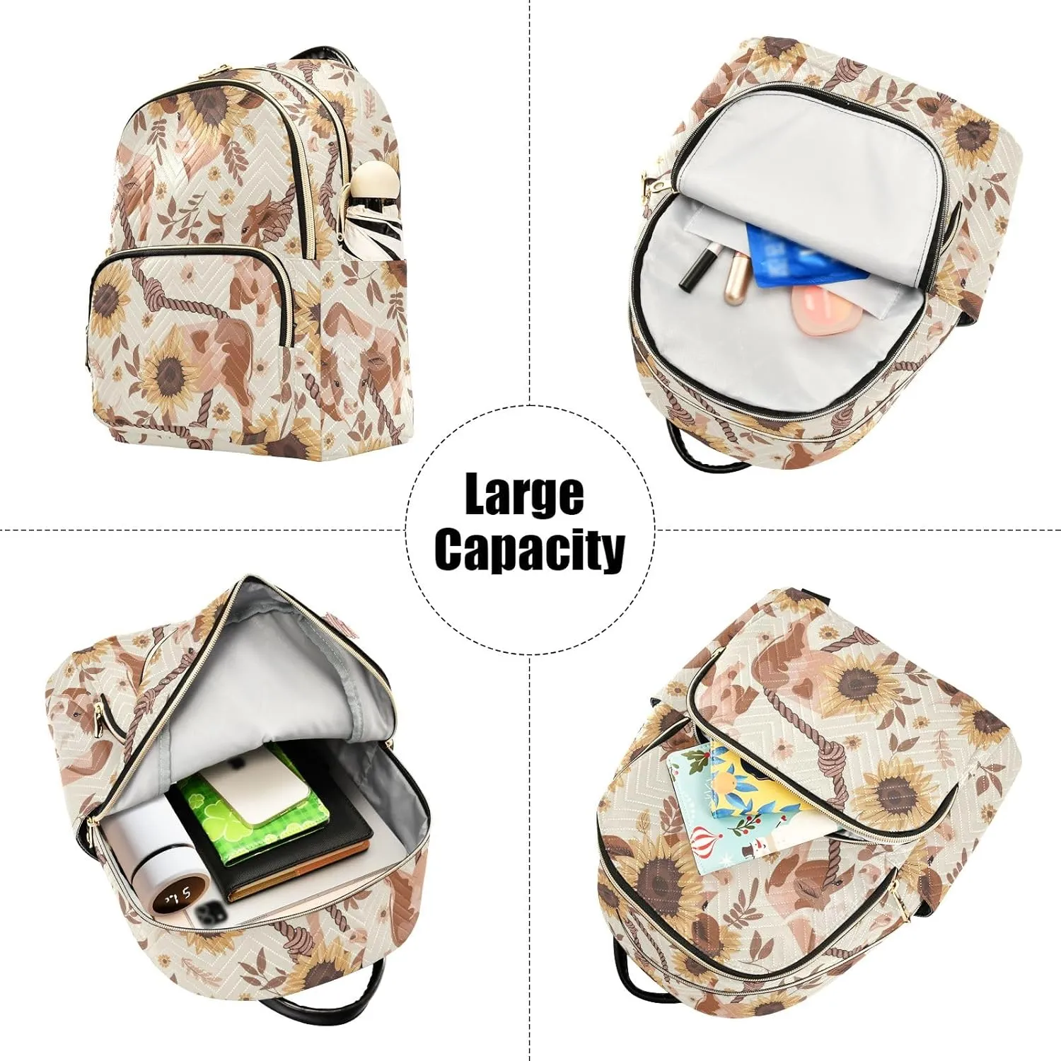 ODAWA Cows Sunflowers Beige Quilted Backpacks Women's Backpack Purse Anti Theft Travel Backpack