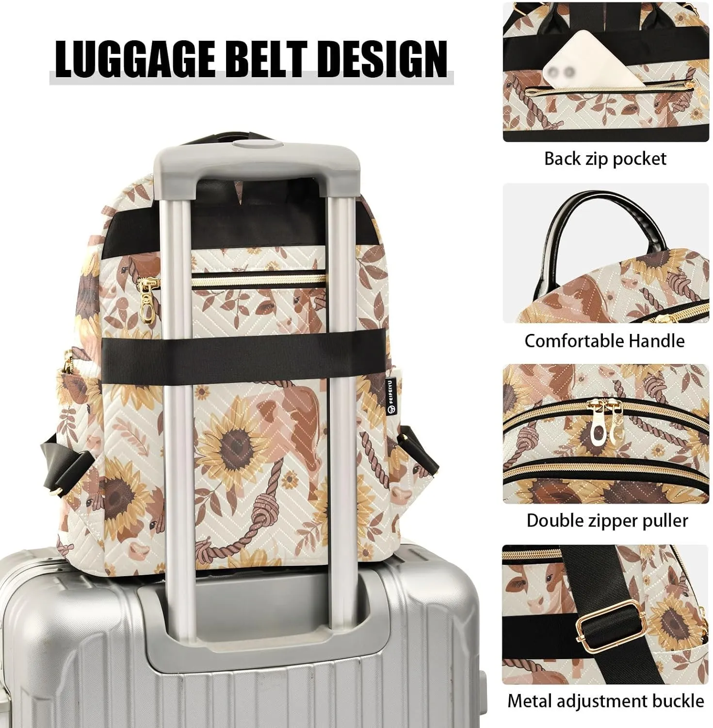 ODAWA Cows Sunflowers Beige Quilted Backpacks Women's Backpack Purse Anti Theft Travel Backpack