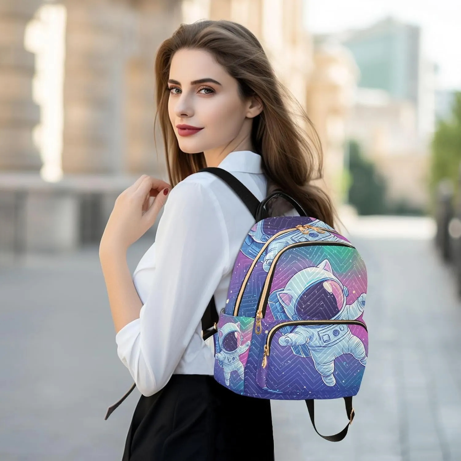 ODAWA Quilted Backpack for Women Cute Cat Astronaut Colorful Space Casual Backpack Travel Backpack with Luggage Strap