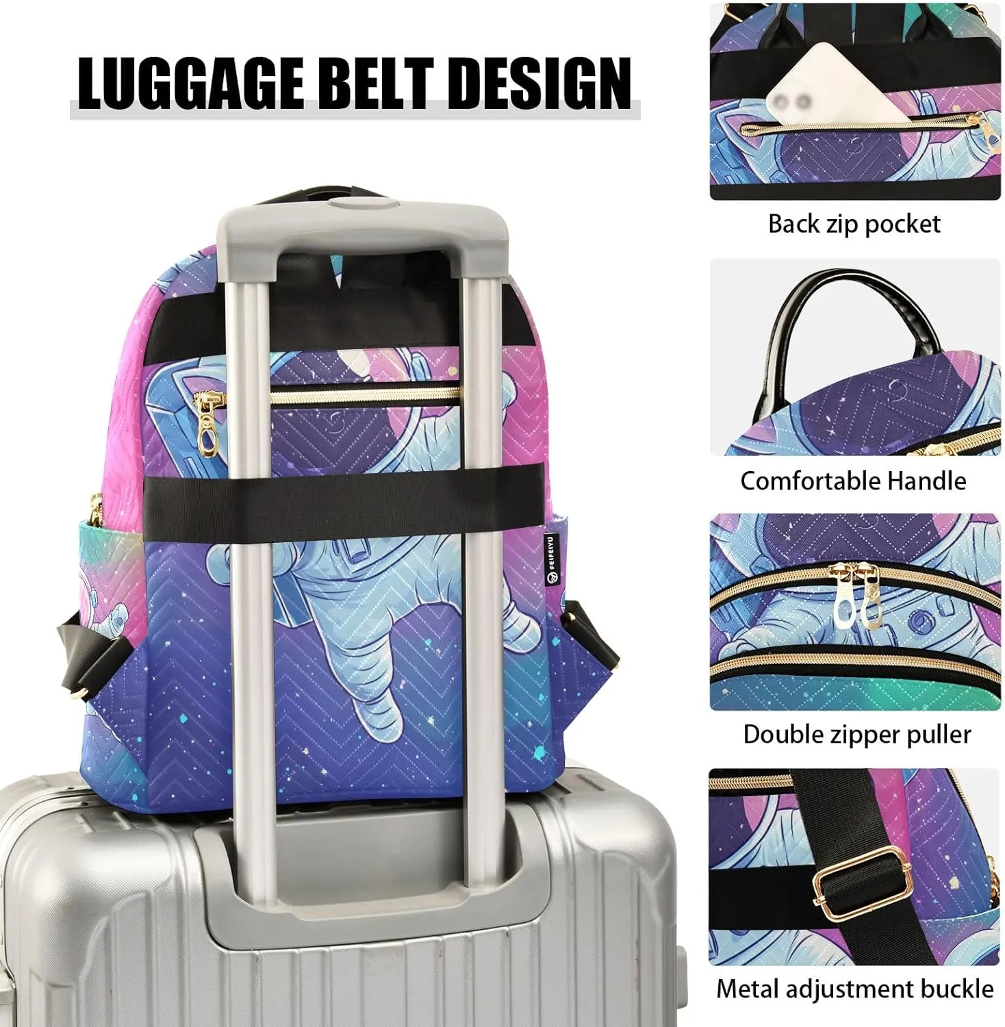 ODAWA Quilted Backpack for Women Cute Cat Astronaut Colorful Space Casual Backpack Travel Backpack with Luggage Strap