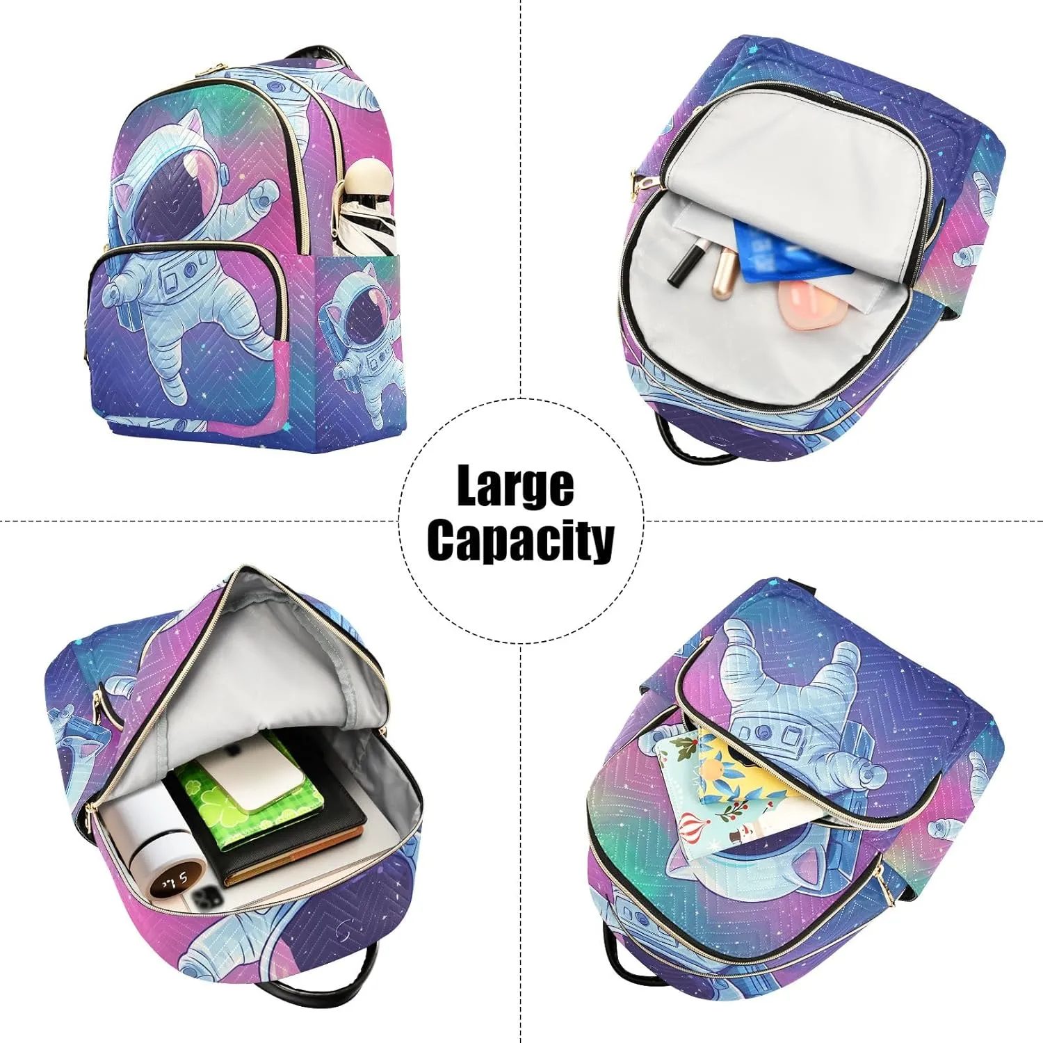 ODAWA Quilted Backpack for Women Cute Cat Astronaut Colorful Space Casual Backpack Travel Backpack with Luggage Strap