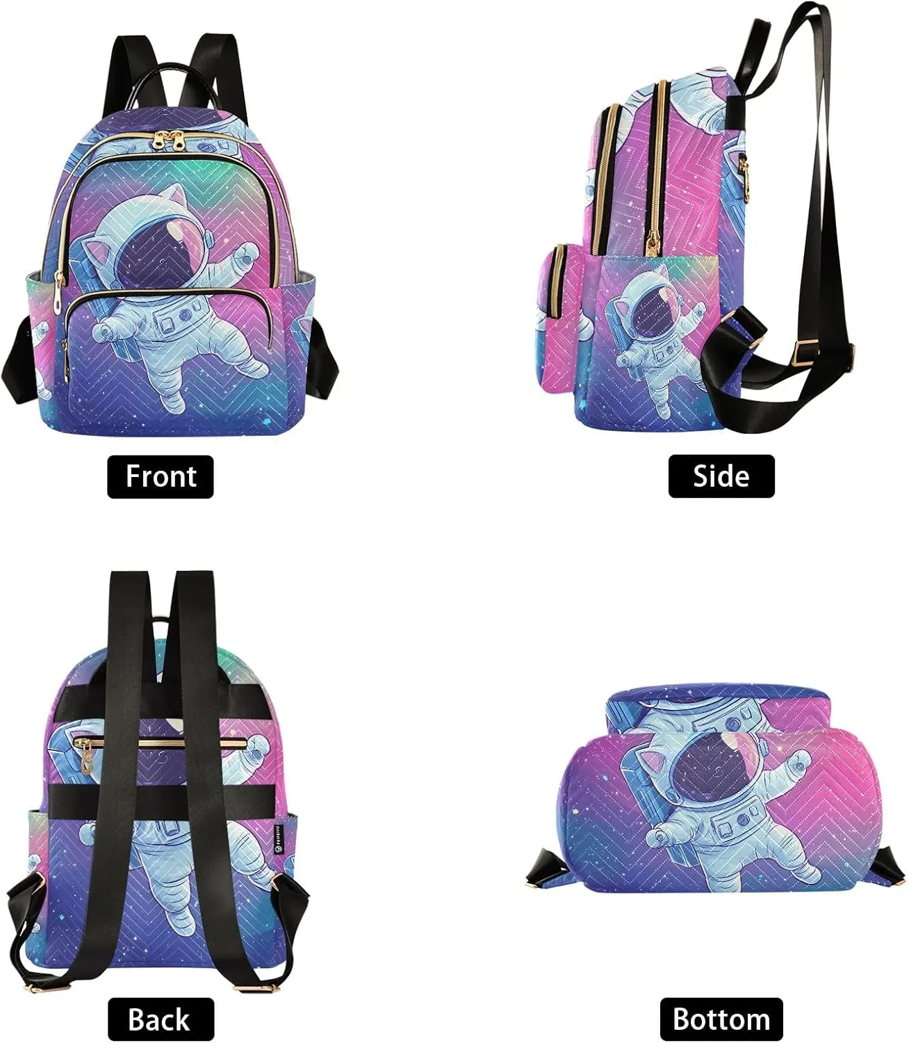 ODAWA Quilted Backpack for Women Cute Cat Astronaut Colorful Space Casual Backpack Travel Backpack with Luggage Strap
