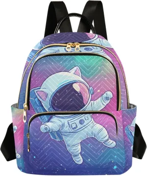 ODAWA Quilted Backpack for Women Cute Cat Astronaut Colorful Space Casual Backpack Travel Backpack with Luggage Strap