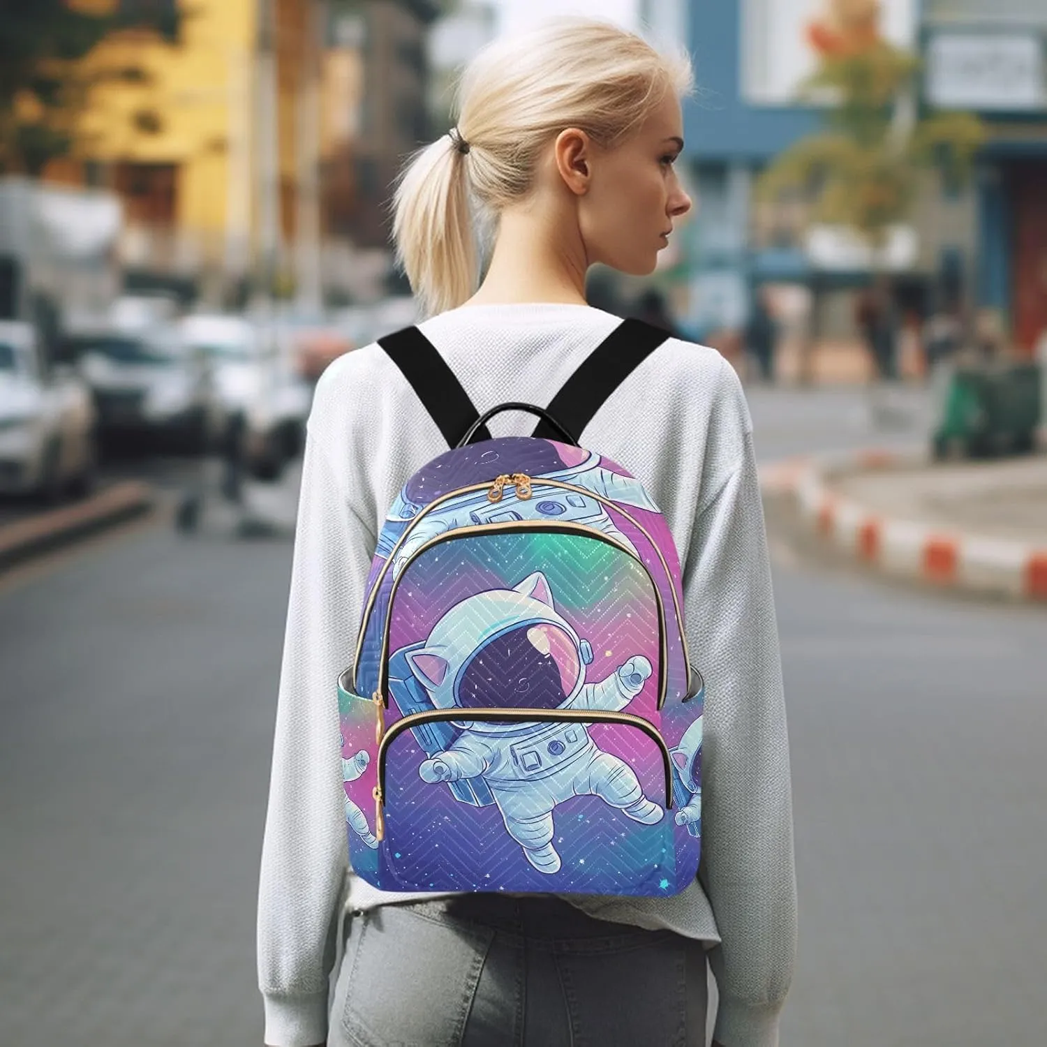 ODAWA Quilted Backpack for Women Cute Cat Astronaut Colorful Space Casual Backpack Travel Backpack with Luggage Strap