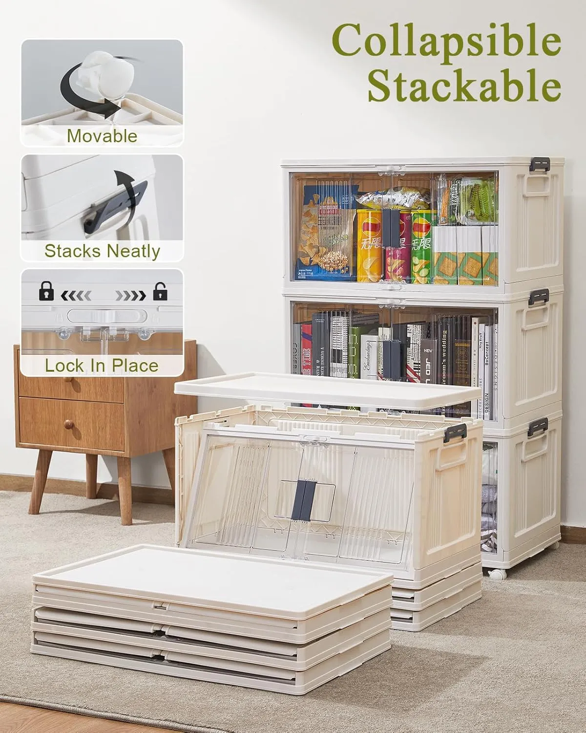 OlarHike 76QT Stackable Storage Bins with Lids - Folding Storage Box with Doors and Wheels, Collapsible Plastic Storage Bins for Closets, Home Organizers, 3 Pack Cubes (Warm Gray)