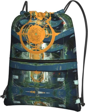 Orange planet, compass Water-Resistant Zipper Drawstring Backpack for Gym/Yoga/Travel - Lightweight Foldable 15.3x18 Sports Bag w/Multiple Pockets