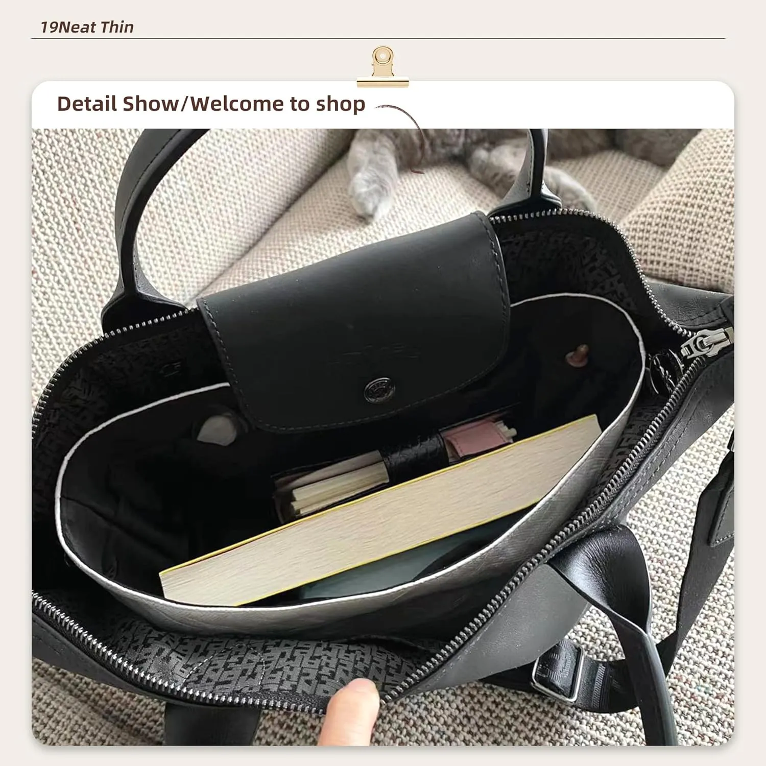 Organizer Insert for Longchamp, Lightweight Purse Insert Compatible with Le Pliage Mini, Waterproof Dupontpaper Surface and Silky Satin Lining (Mini, Black)