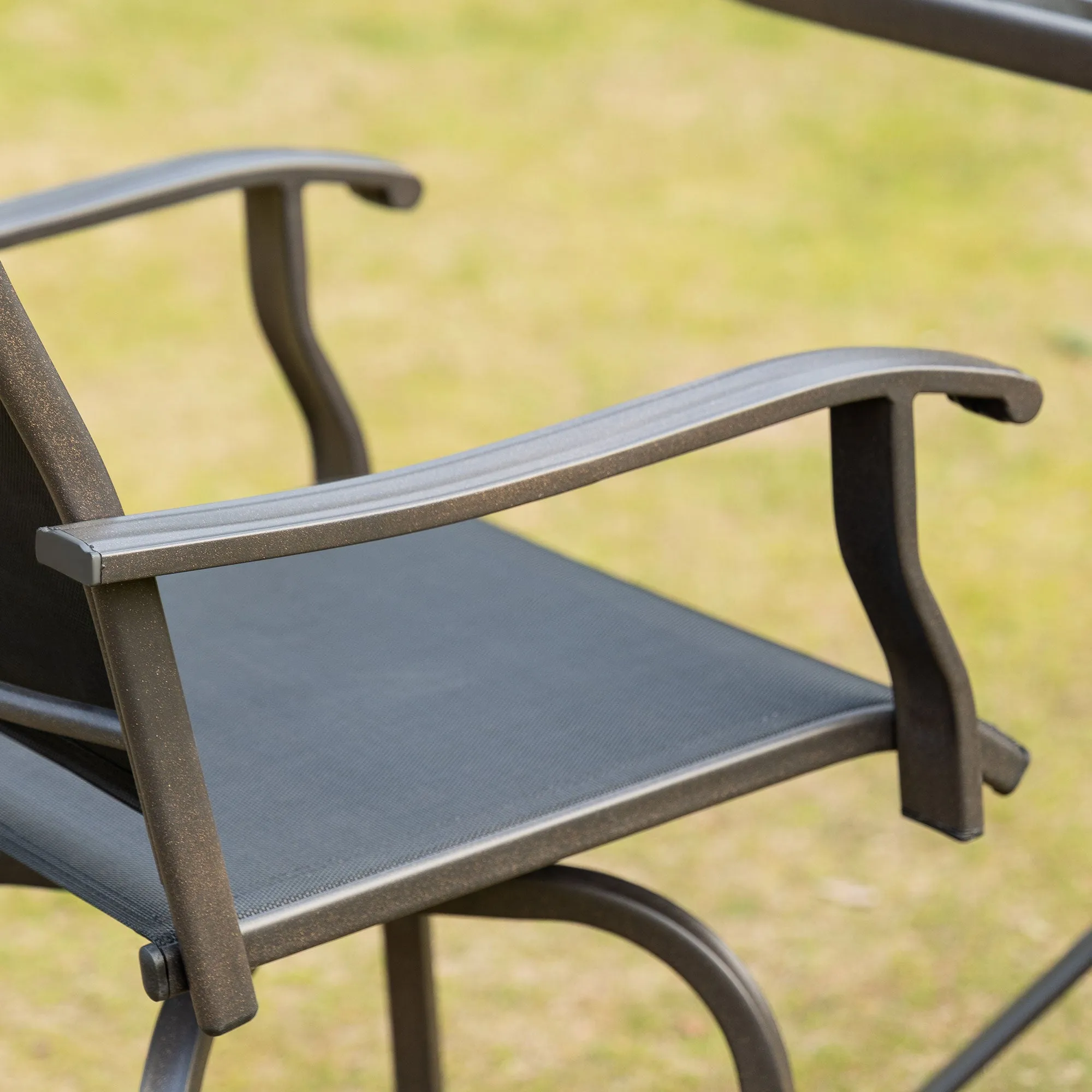 Outdoor Swivel Bar Stools Set of 2, 2 Piece Bar Height Patio Chairs with High Back, Curved Armrests and Steel Frame for Balcony, Poolside, Backyard, Black