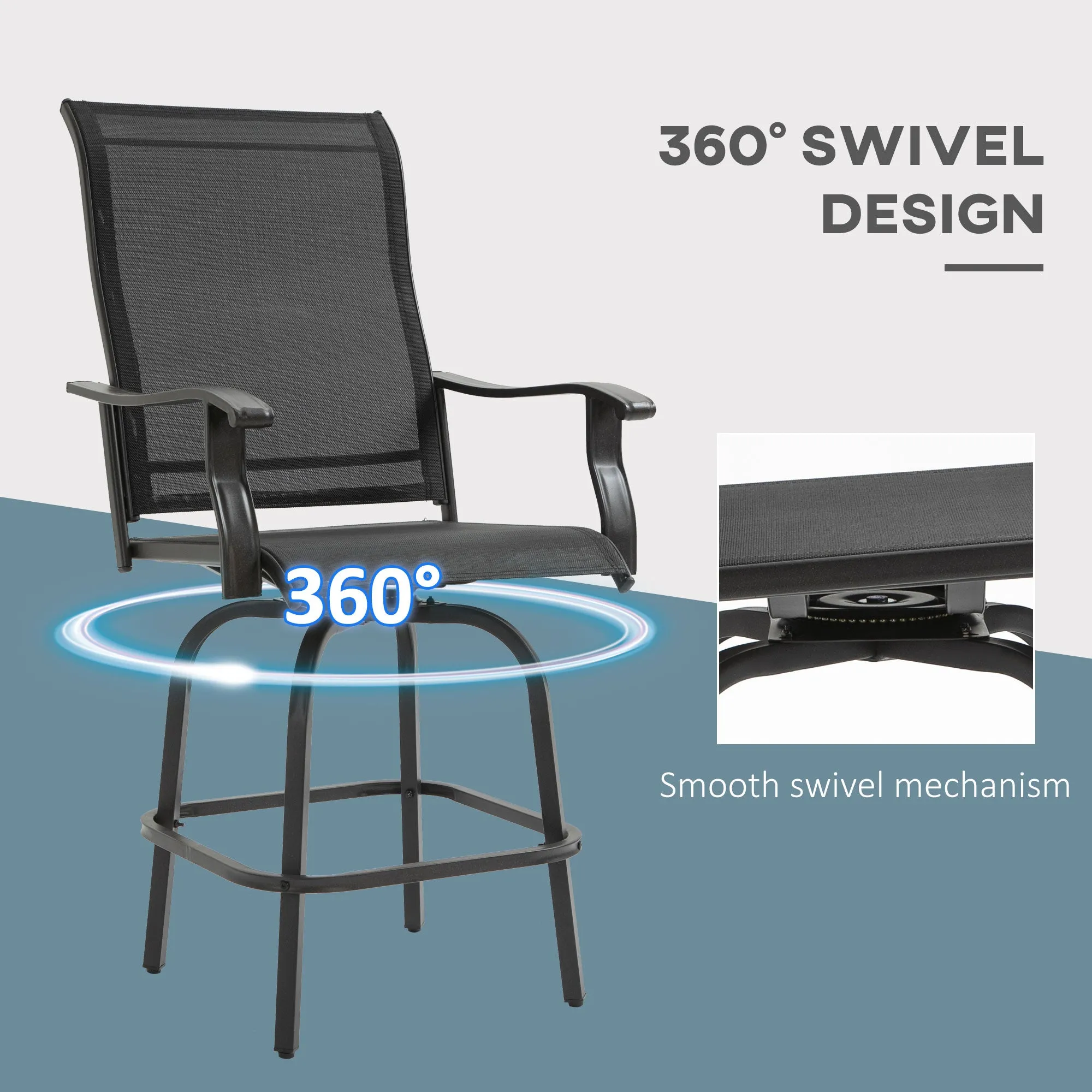 Outdoor Swivel Bar Stools Set of 2, 2 Piece Bar Height Patio Chairs with High Back, Curved Armrests and Steel Frame for Balcony, Poolside, Backyard, Black