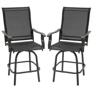 Outdoor Swivel Bar Stools Set of 2, 2 Piece Bar Height Patio Chairs with High Back, Curved Armrests and Steel Frame for Balcony, Poolside, Backyard, Black