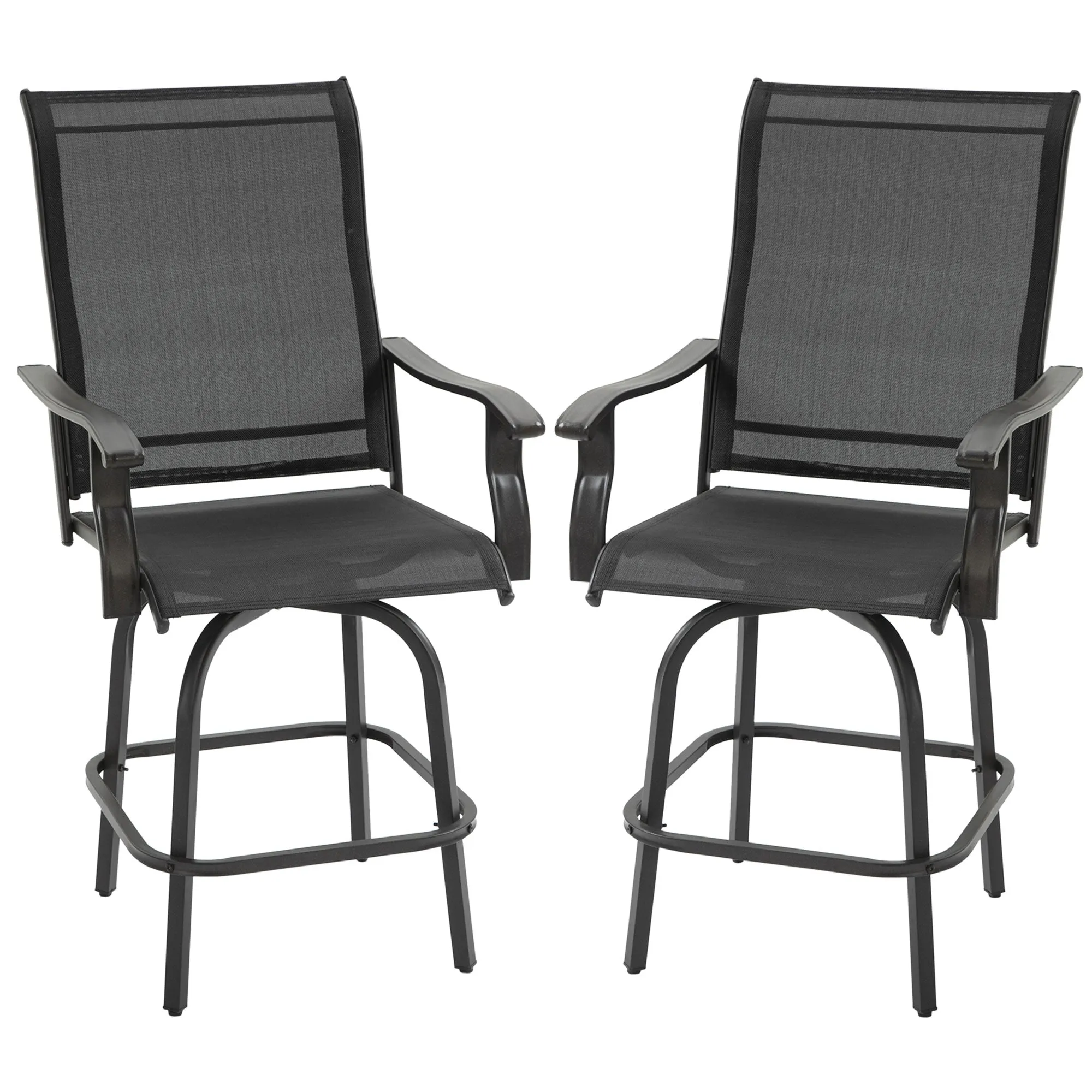 Outdoor Swivel Bar Stools Set of 2, 2 Piece Bar Height Patio Chairs with High Back, Curved Armrests and Steel Frame for Balcony, Poolside, Backyard, Black