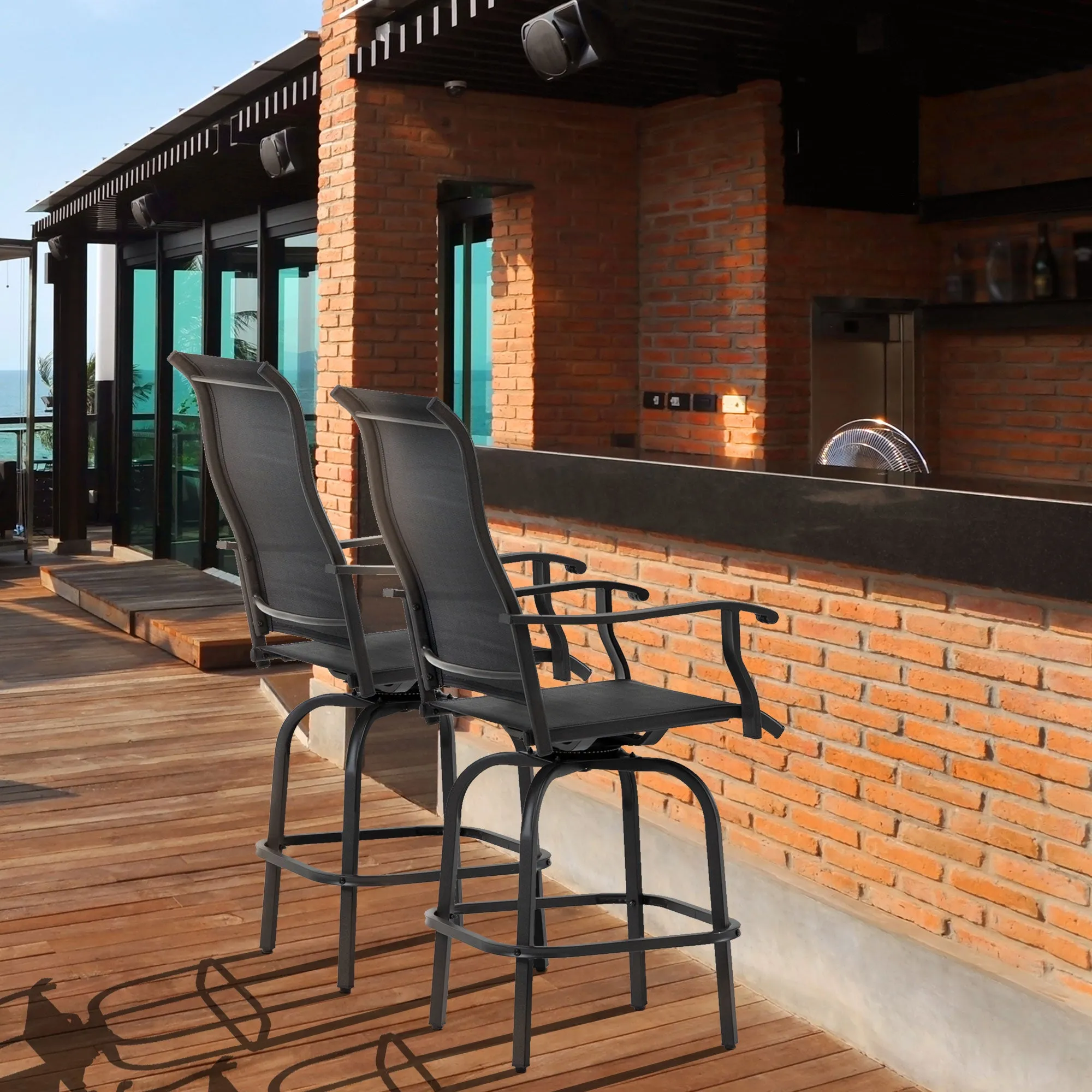 Outdoor Swivel Bar Stools Set of 2, 2 Piece Bar Height Patio Chairs with High Back, Curved Armrests and Steel Frame for Balcony, Poolside, Backyard, Black