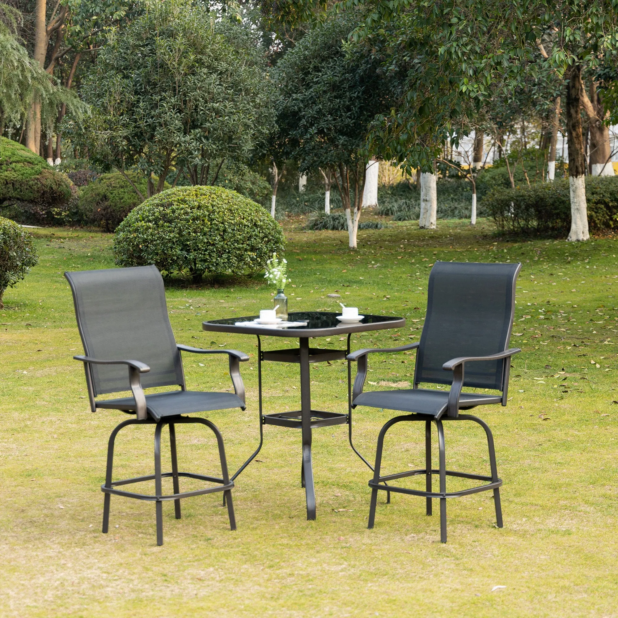 Outdoor Swivel Bar Stools Set of 2, 2 Piece Bar Height Patio Chairs with High Back, Curved Armrests and Steel Frame for Balcony, Poolside, Backyard, Black