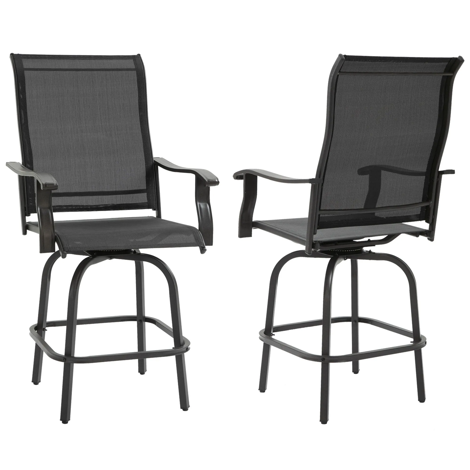 Outdoor Swivel Bar Stools Set of 2, 2 Piece Bar Height Patio Chairs with High Back, Curved Armrests and Steel Frame for Balcony, Poolside, Backyard, Black