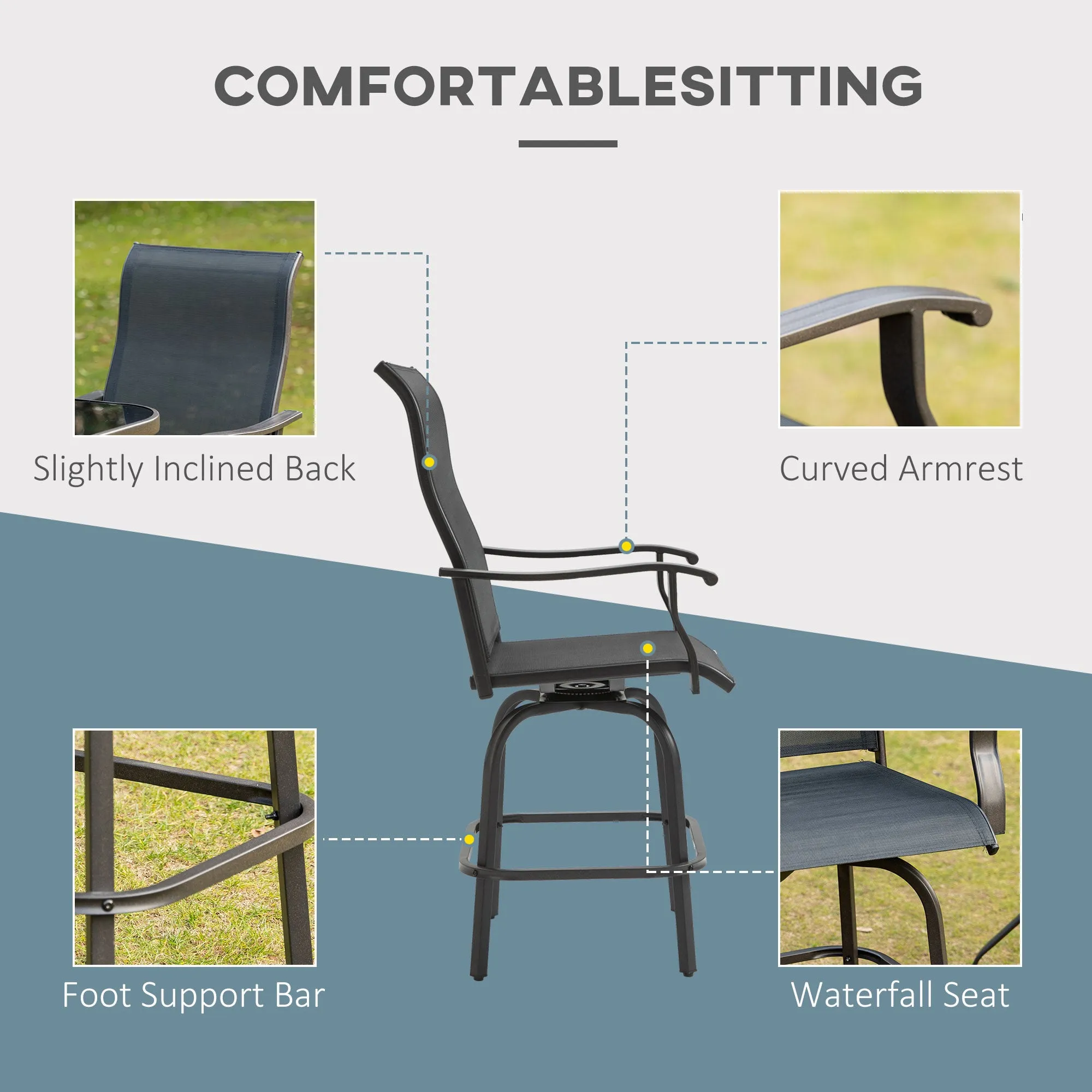Outdoor Swivel Bar Stools Set of 2, 2 Piece Bar Height Patio Chairs with High Back, Curved Armrests and Steel Frame for Balcony, Poolside, Backyard, Black