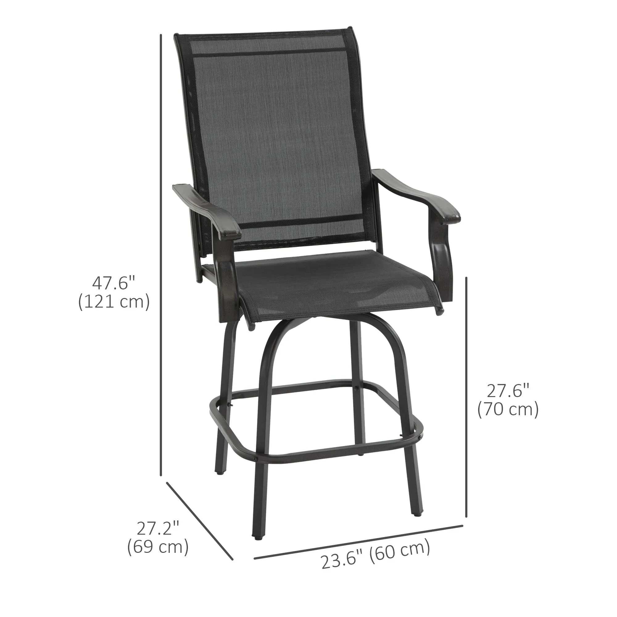 Outdoor Swivel Bar Stools Set of 2, 2 Piece Bar Height Patio Chairs with High Back, Curved Armrests and Steel Frame for Balcony, Poolside, Backyard, Black
