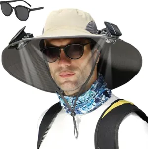 Outdoor Wide Brim Sun Hat with 2 Solar Fan Fishing Hat for Men&Women,Outdoor Waterproof Upf0 Sun Hat with Sunglasses