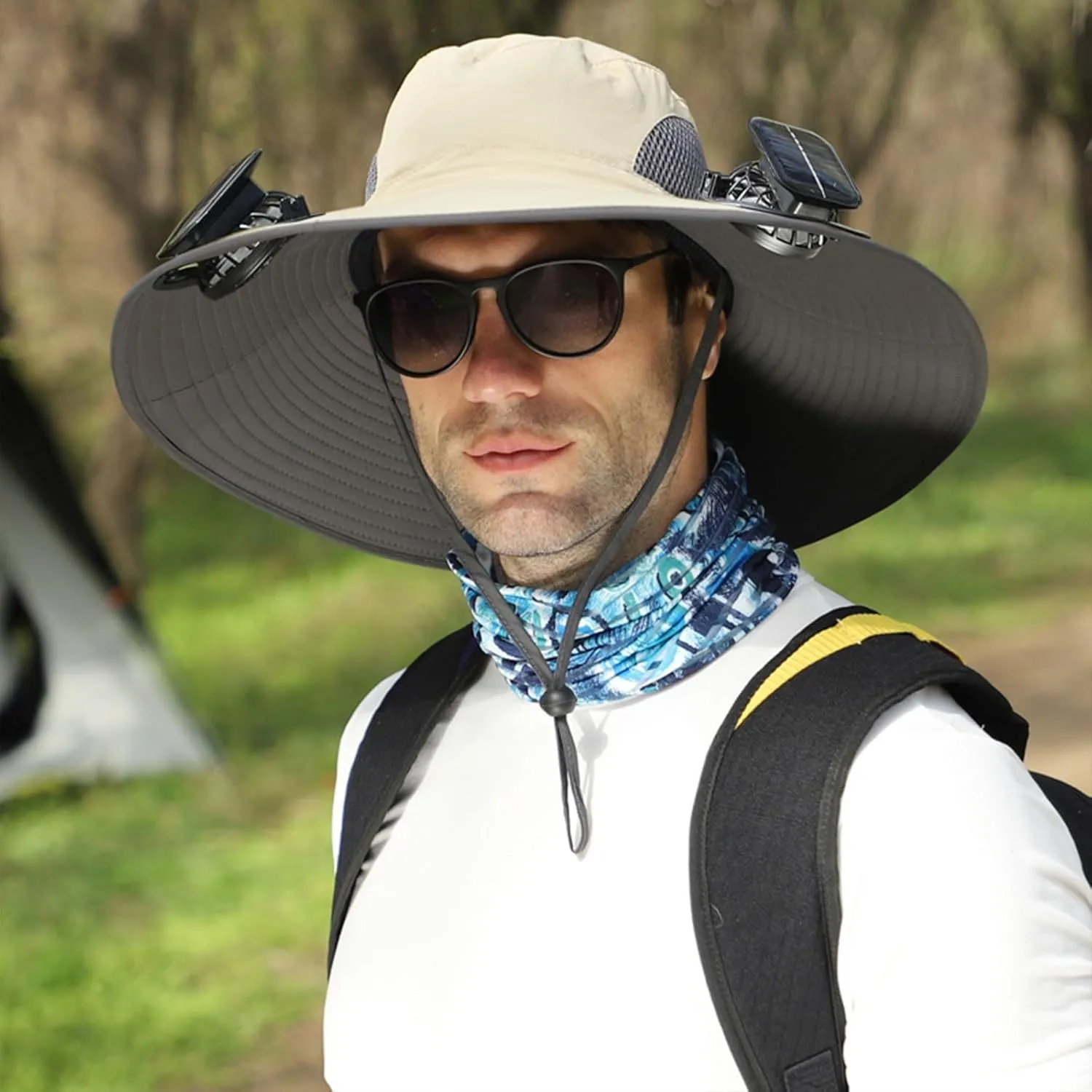 Outdoor Wide Brim Sun Hat with 2 Solar Fan Fishing Hat for Men&Women,Outdoor Waterproof Upf0 Sun Hat with Sunglasses