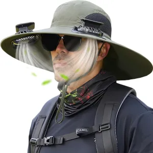 Outdoor Wide Brim Sun Hats for Women Men with 2 Solar Powered Fan Sun Hat UPF 50 ,Fishing,Beach,Climbing,Gardening Hat.