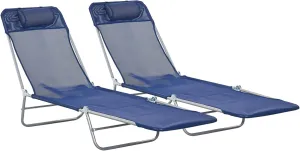 Outsunny 2 Piece Folding Chaise Lounge Chairs, Pool Sun Tanning Chairs with Reclining Back, Breathable Mesh Seat, Headrest for Beach, Yard, Patio, Dark Blue