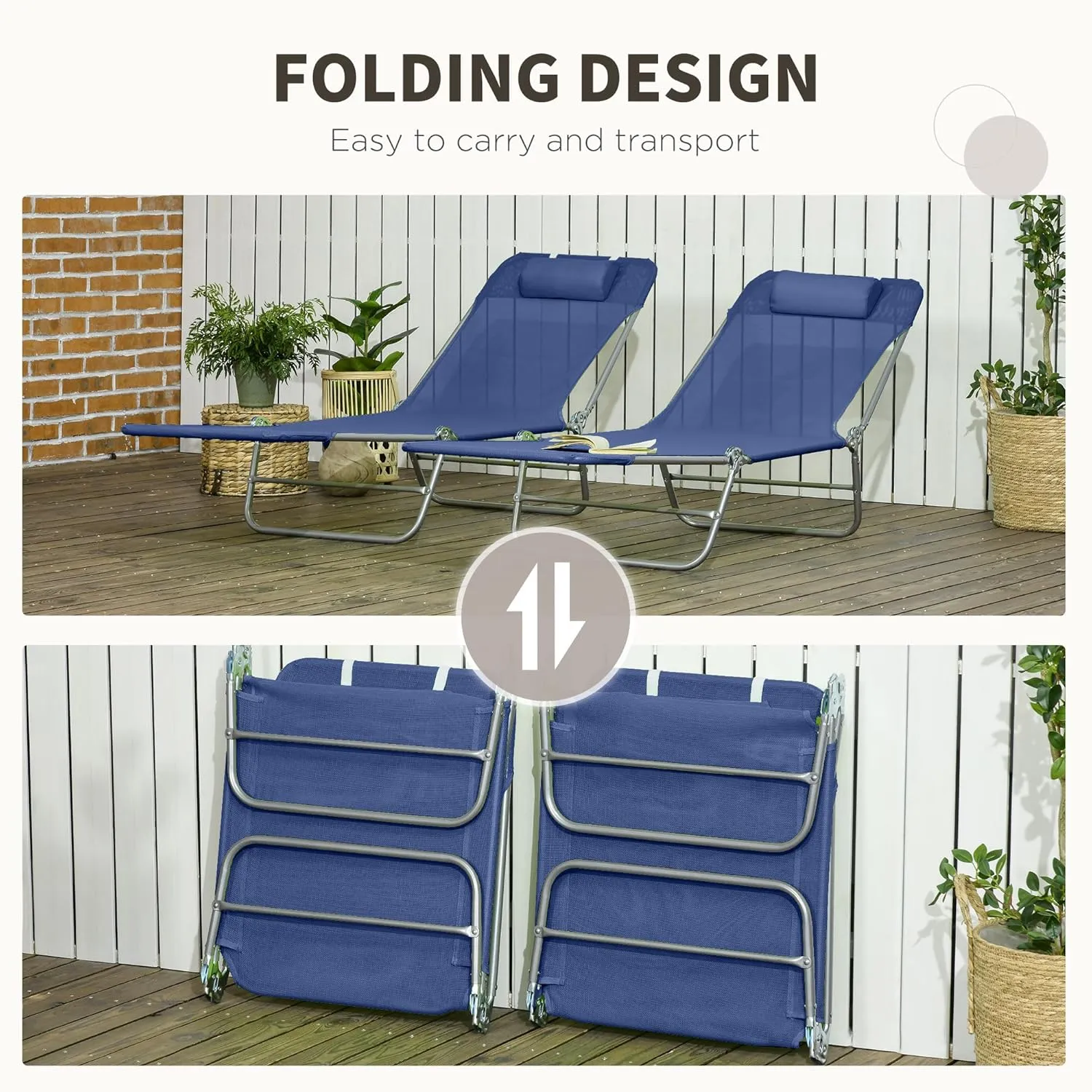 Outsunny 2 Piece Folding Chaise Lounge Chairs, Pool Sun Tanning Chairs with Reclining Back, Breathable Mesh Seat, Headrest for Beach, Yard, Patio, Dark Blue