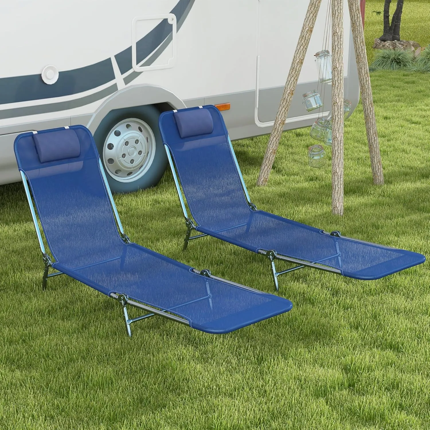 Outsunny 2 Piece Folding Chaise Lounge Chairs, Pool Sun Tanning Chairs with Reclining Back, Breathable Mesh Seat, Headrest for Beach, Yard, Patio, Dark Blue